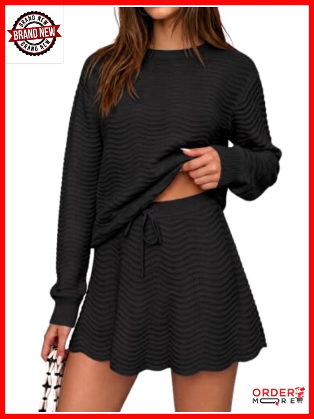 Women's 2 Piece Sweater Set Pullover Knit Top Mini Skirt Scalloped Trim